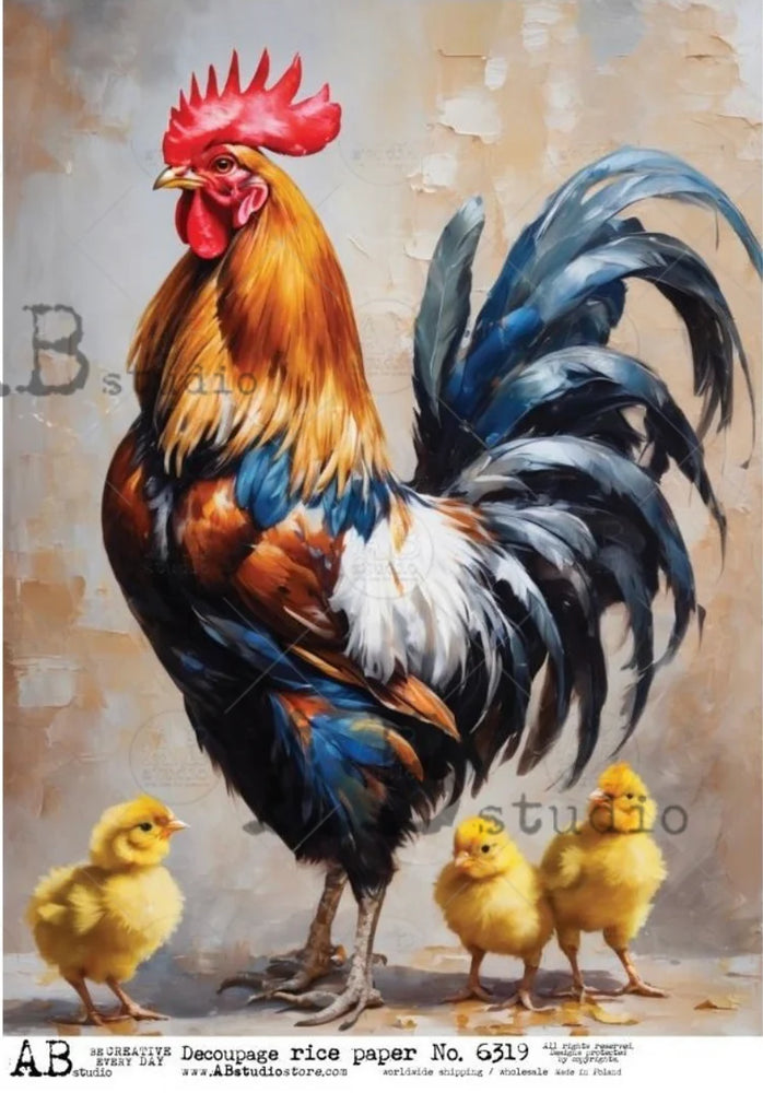 Framed Rooster (#6319) Rice Paper- AB Studios