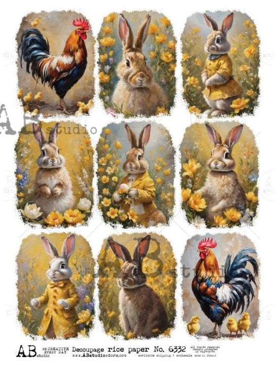 Bunny & Roosters Multi (#6332) Rice Paper- AB Studios  Decoupage Central