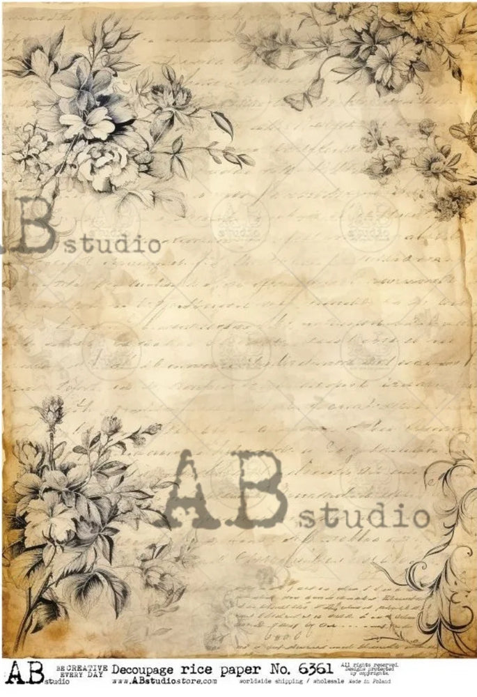 Sepia Letter Flowers (#6361) Rice Paper- AB Studios  Decoupage Central