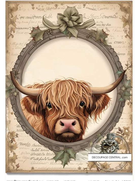 Christmas Highland Cow A4 Rice Paper - Decoupage Central