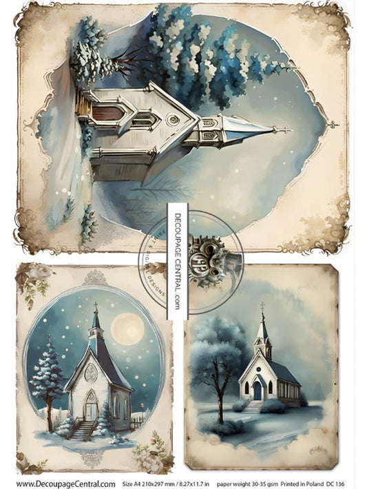 Winter Church A4 Rice Paper - Decoupage Central