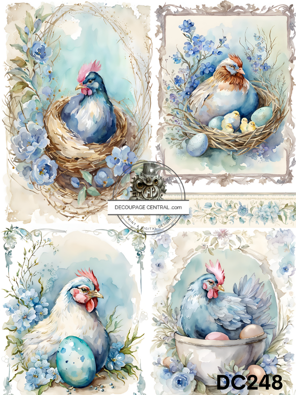 Nesting Hens in Blue Rice Paper (DC248)- Decoupage Central