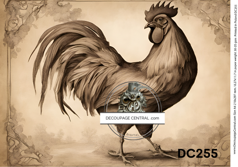 Sepia Rooster Rice Paper (DC255)- Decoupage Central