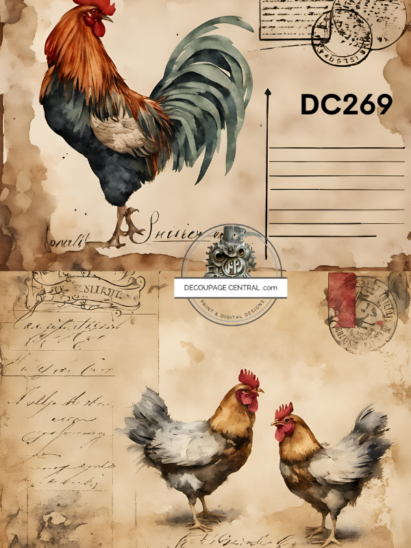 Rooster & Hens Postale Decoupage Paper (DC269)- Decoupage Central