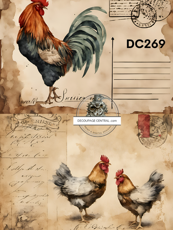 Rooster & Hens Postale Decoupage Paper - Decoupage Central
