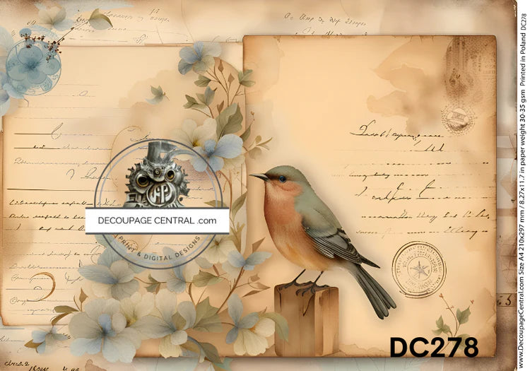 Bird & Parchment Rice Paper (DC278) - Decoupage Central