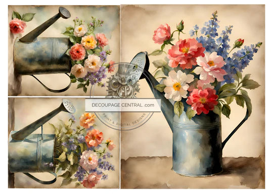 Watering Can Trio Rice Paper - Decoupage Central