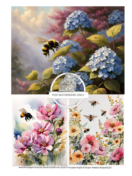 Bees N Blossom Rice Paper (DC337) - Decoupage Central