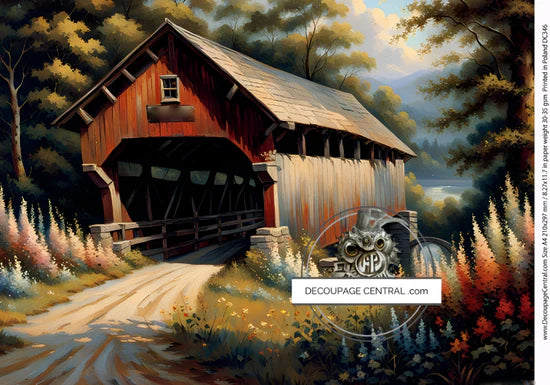 Special Red Covered Bridge Rice Paper - Decoupage Central