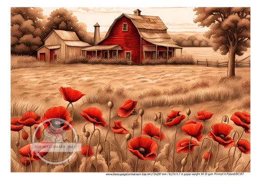 Red Barn & Field of Poppies Rice Paper - Decoupage Central