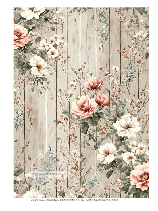 Creamy Floral Shiplap Rice Paper - Decoupage Central