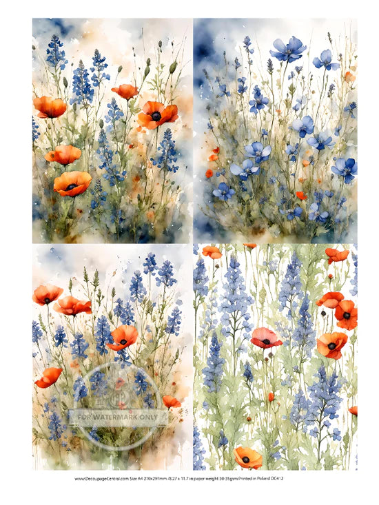 Bluebonnets & Poppies Rice Paper (DC412) - Decoupage Central