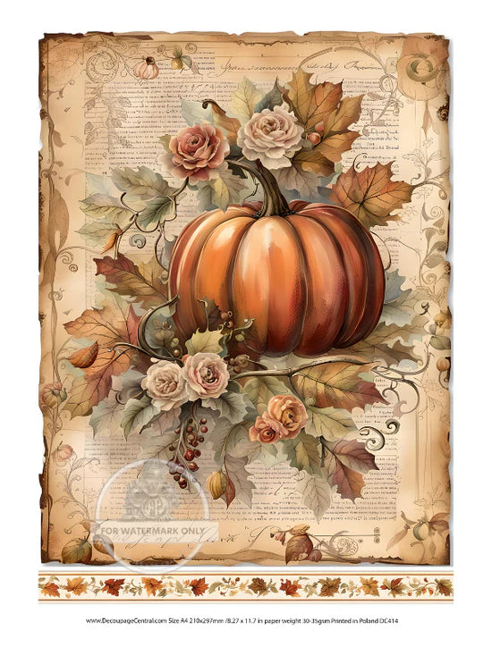 Autumn Pumpkin Floral Rice Paper (DC414) - Decoupage Central