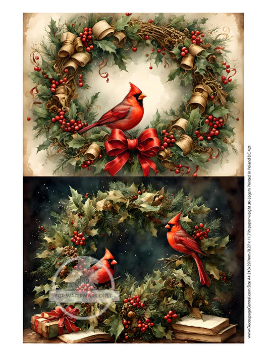 Cardinal Wreath Duo Rice Paper - Decoupage Central