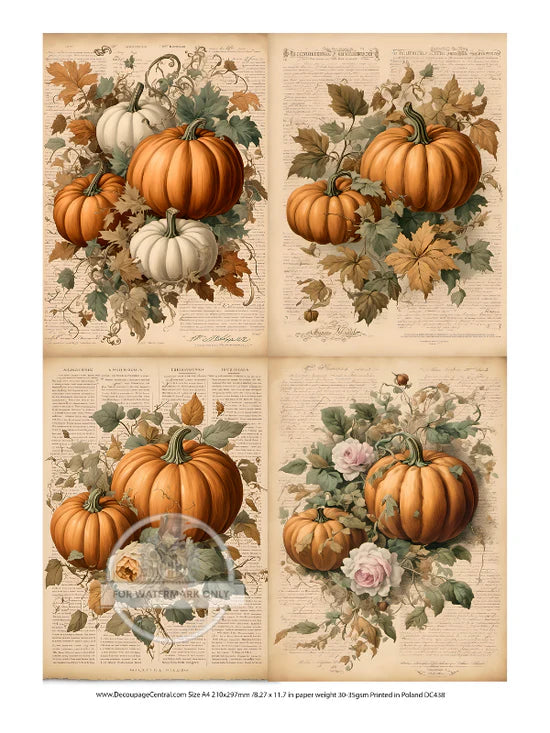 Autumn Pumpkin Floral Quad Rice Paper (DC438) - Decoupage Central