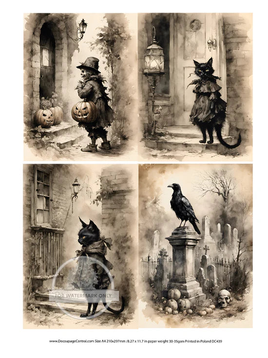 Spooky Sepia Halloween Quad Rice Paper (DC439)- Decoupage Central