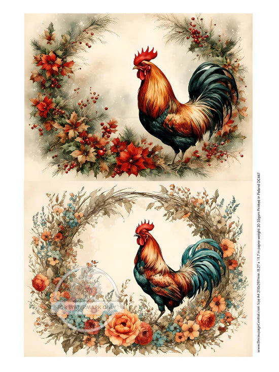 Rooster Wreaths Rice Paper (DC447)- Decoupage Central