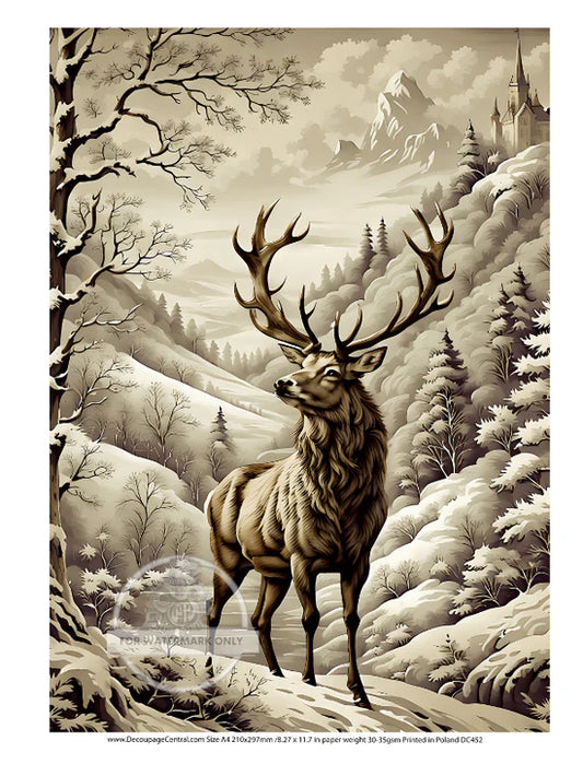 Sepia Winter Stag Rice Paper - Decoupage Central