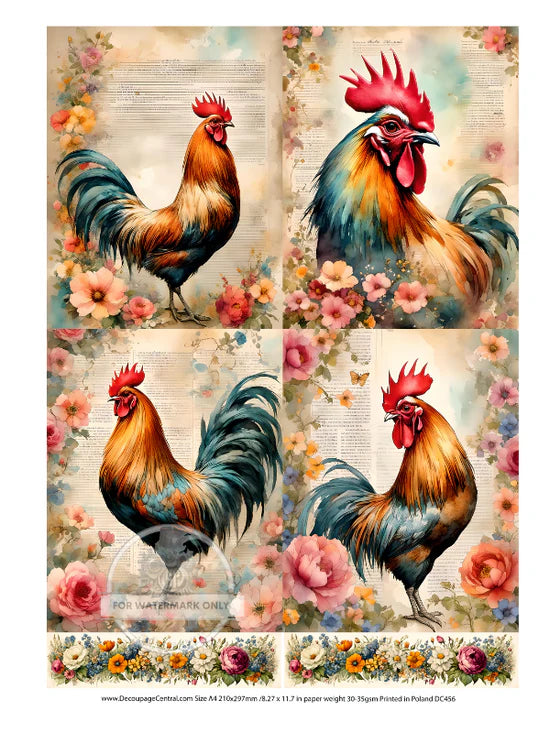 Parchment Rooster Quad Rice Paper (DC456)- Decoupage Central