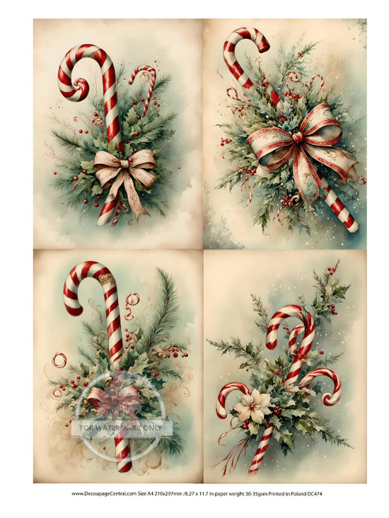 Retro Candy Cane Quads Tree Rice Paper (DC474) - Decoupage Central