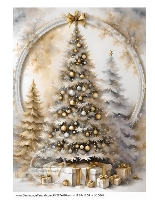 Silver & Gold Christmas Tree Rice Paper - Decoupage Central
