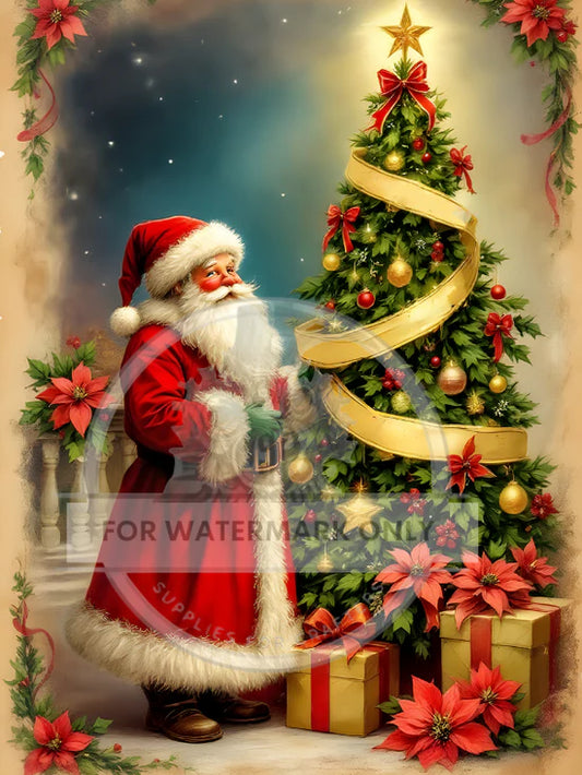 Santa's Golden Christmas Tree Rice Paper (DC824) - Decoupage Central