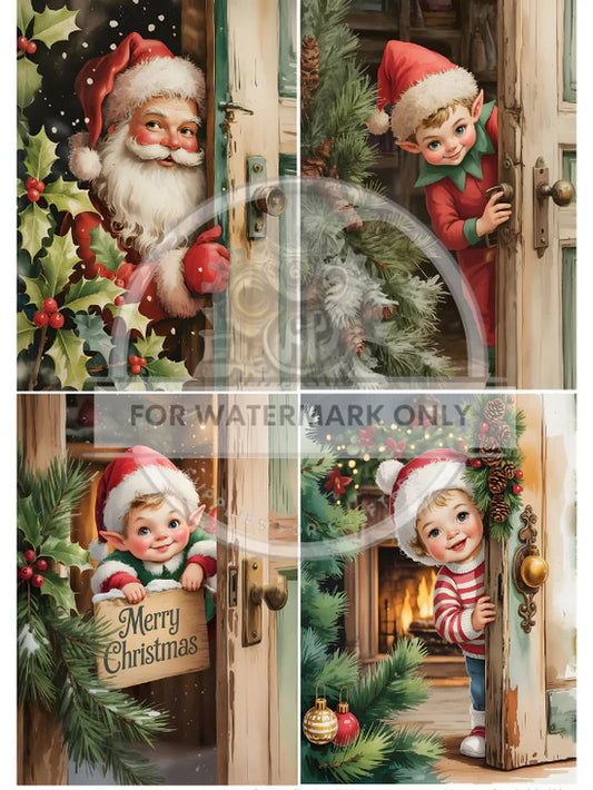 Peeking Elves & Santa Quad Rice Paper (DC875) - Decoupage Central