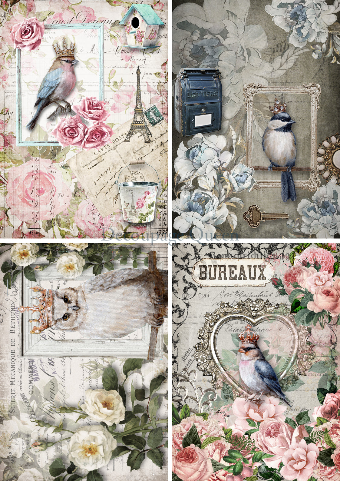 Crowned Birds 4 Pack Rice Paper - Decoupage Queen