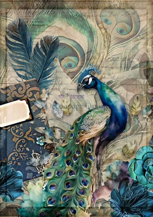 Jeweled Peacock Rice Paper - Decoupage Queen