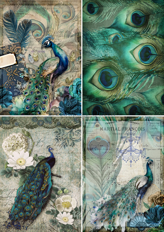 Peacock 4 Pack Rice Paper - Decoupage Queen