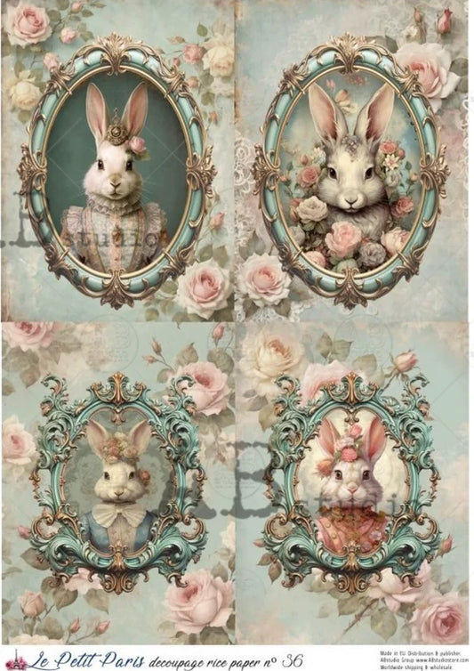 Vintage Round Framed Bunny Quad Rice Paper (36) - Le Petit Paris - Decoupage Central