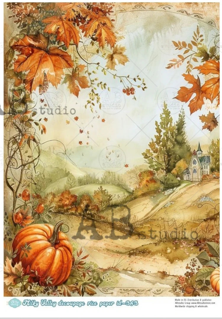 Fall Country Scene with Pumpkins (#ID363) Rice Paper- Carte Italiano