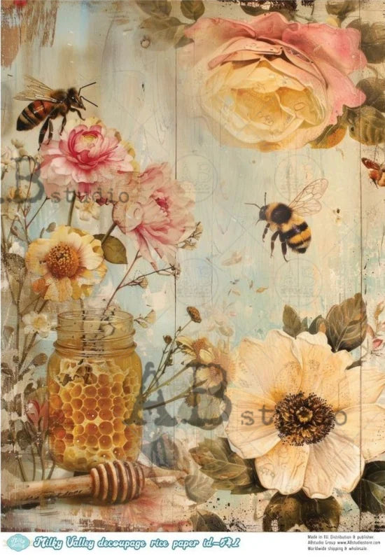 Patina Bees & Honey (#ID541) Rice Paper - Milky Valley