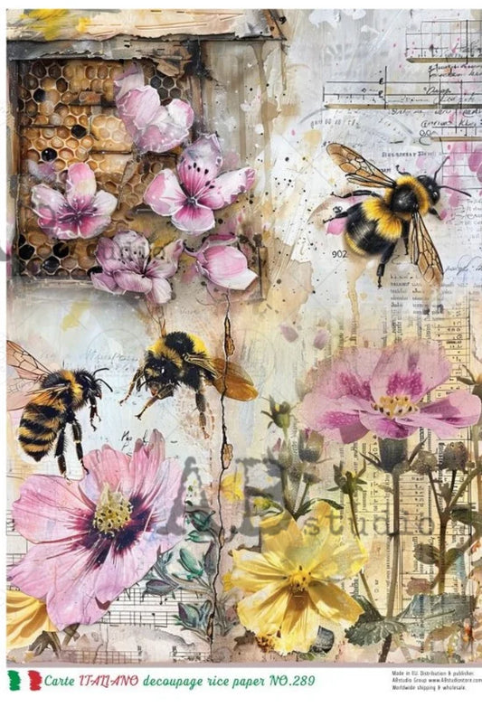 Bee & Flower Collage Quad (#289) Rice Paper - Carte Italiano