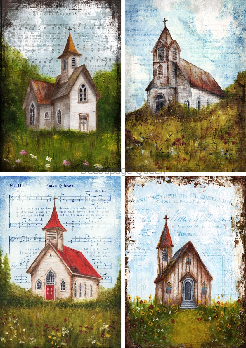 Rustic church art collection featuring four vintage-style paintings of chapels in scenic countryside settings, with hymn sheet music and musical notes subtly overlaid in the background.