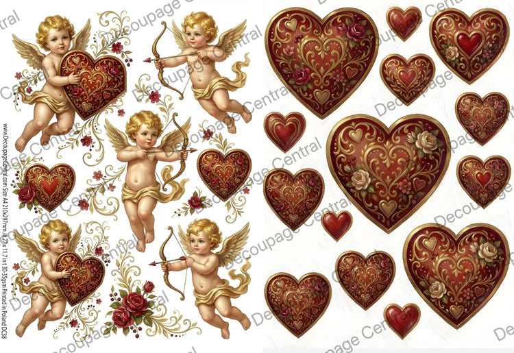 Gilded Cupid Hearts Rice Paper (DC938) - Decoupage Central