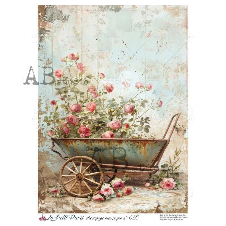 Rose-Filled Wheelbarrow Rice Paper (625) - Le Petit Paris