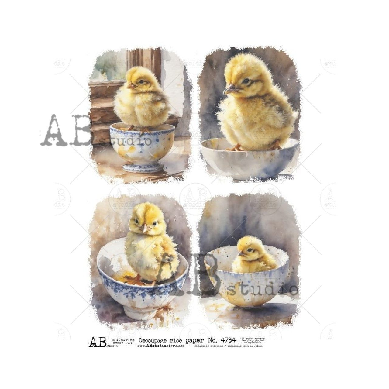 Chicks in a Teacup Four Pack (#4734) Rice Paper- AB Studios  Decoupage Queen