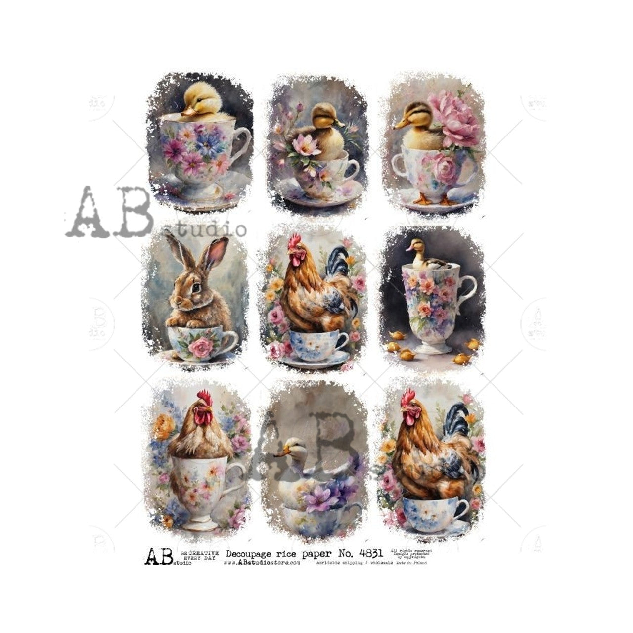 Animals in Teacups (#4831) Rice Paper- AB Studios  Decoupage Queen