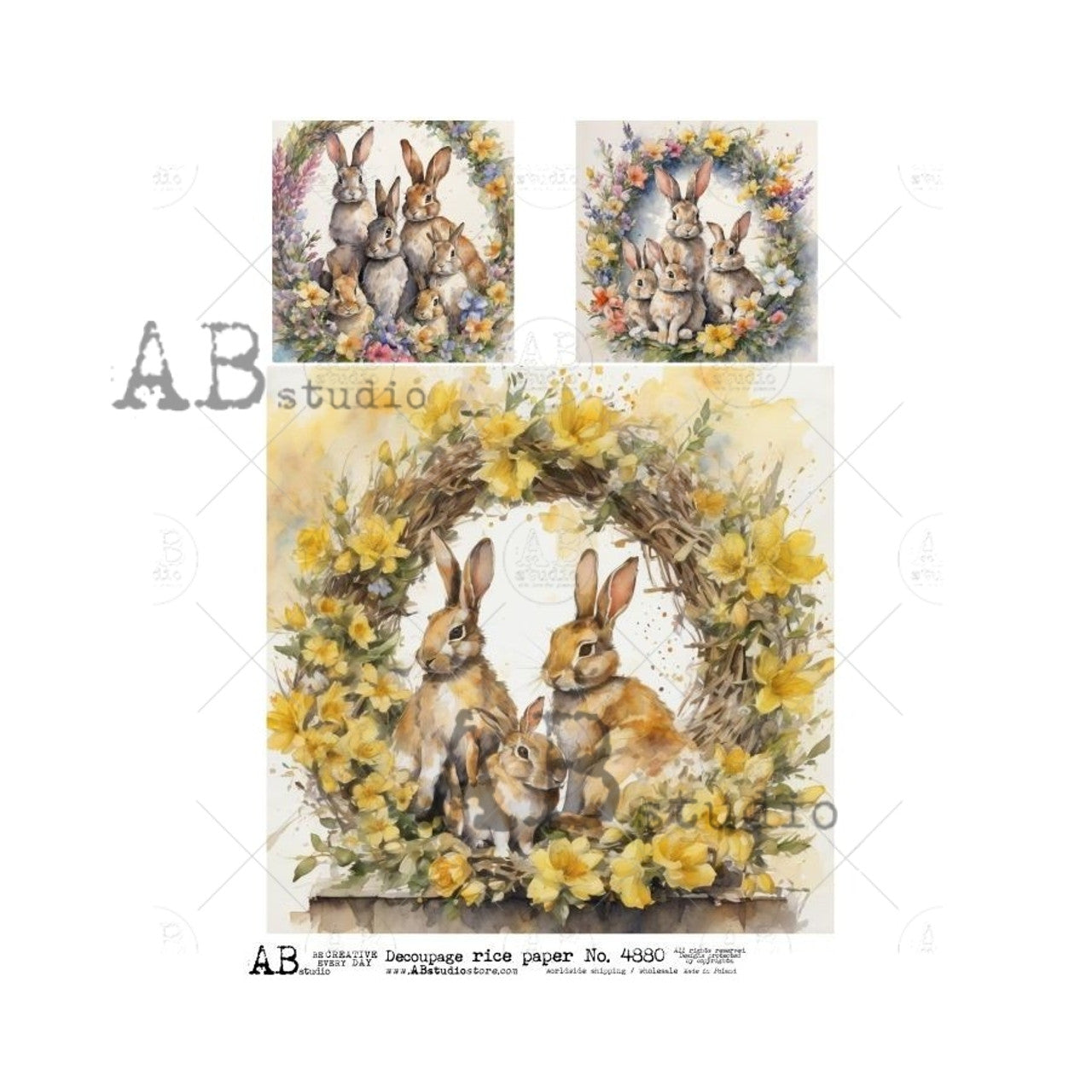 Wreath Framed Easter Bunnies (#4880) Rice Paper- AB Studios  Decoupage Queen