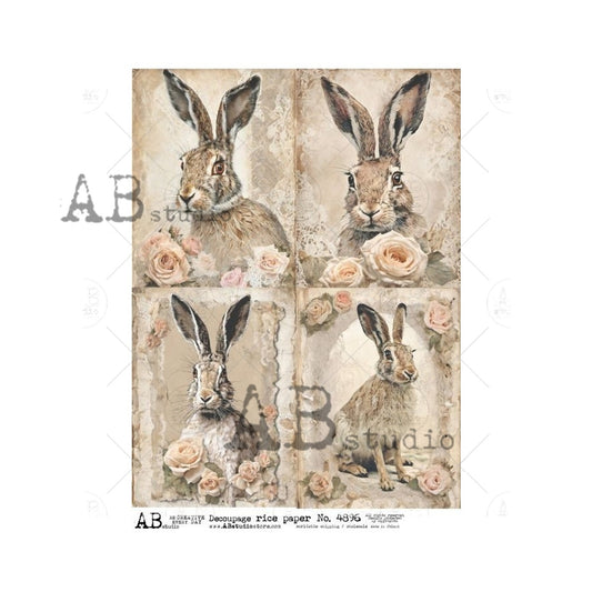 Four Shabby Chic Rabbits (#4896) Rice Paper- AB Studios  Decoupage Queen