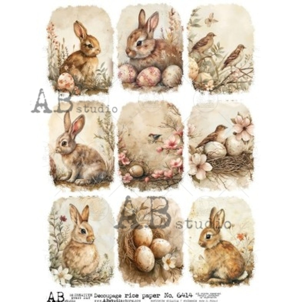 Nine Small Easter Rabbits & Birds (#6414) Rice Paper- AB Studios
