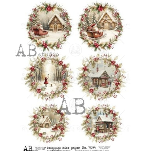 Winter Village Scenes in Wreaths (#7094) Rice Paper- AB Studios  Decoupage Queen
