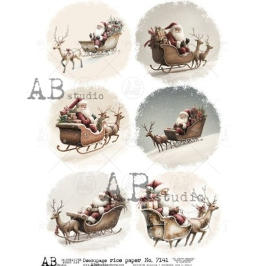 Santa in Sleigh with Reindeer (#7141) Rice Paper- AB Studios  Decoupage Queen
