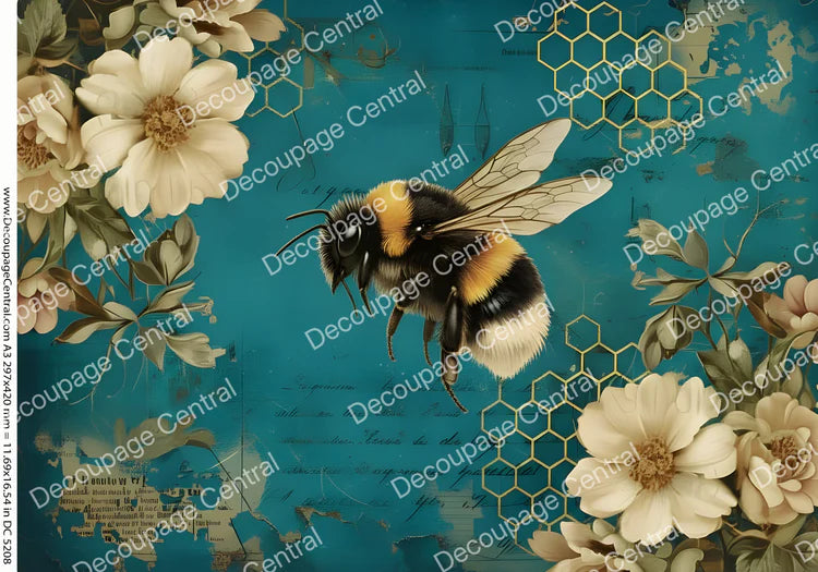 Teal Bumblebee Bloom Rice Paper (DC5208) - Decoupage Central