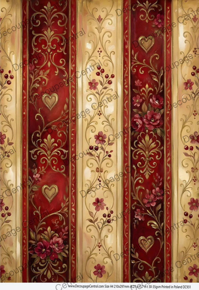 Crimson Heirloom Heart Stripe Rice Paper (DC931) - Decoupage Central