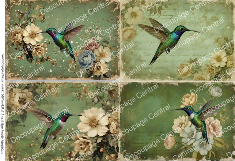 Jewel Tone Hummingbird Quartet Rice Paper (DC974) - Decoupage Central