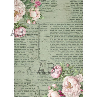 Green Book Page with Pink Peonies (#1789) Rice Paper- AB Studios
