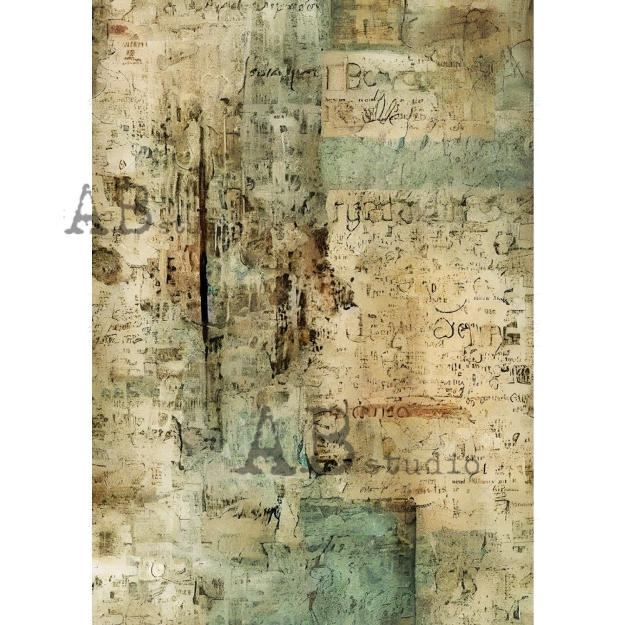 Vintage Collage Green Tan Background (#1806) Rice Paper- AB Studios