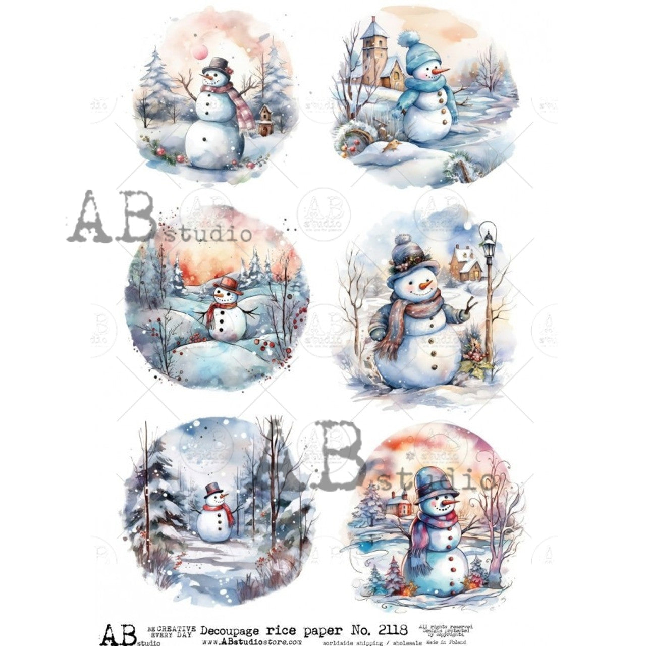 Colorful Watercolor Snowman Rounds (#2118) Rice Paper- AB Studios